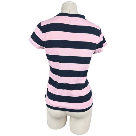 TOMMY HILFIGER Pink and Navy Striped V-neck Tee | Size Large - Picture 3 of 5